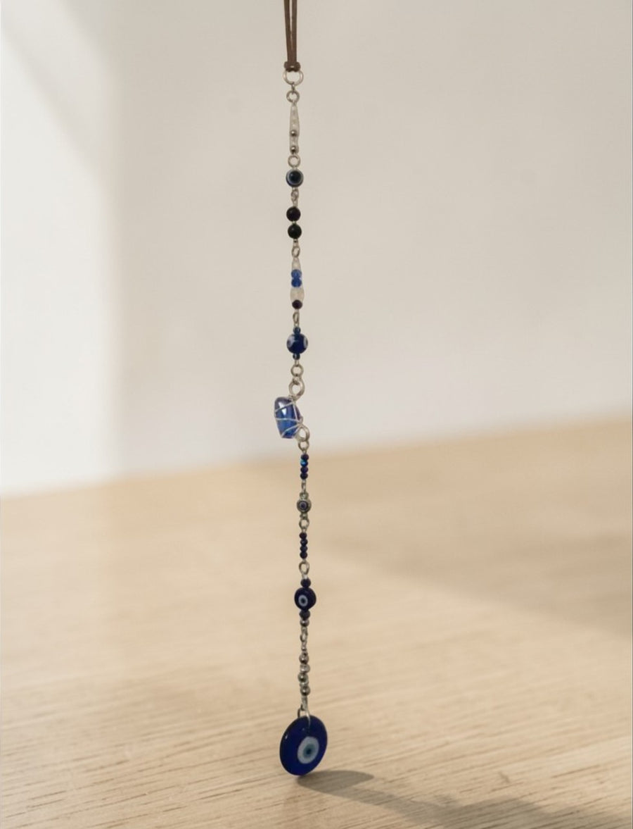 Image 1: Evil eye suncatcher with cobalt blue glass beads – handmade boho window hanging