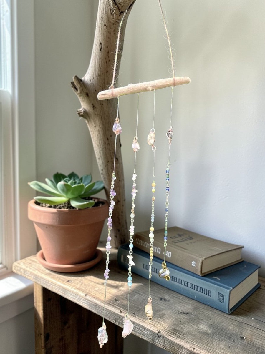 Crystal suncatcher mobile featuring raw crystals and driftwood, designed to catch light and enhance boho decor.